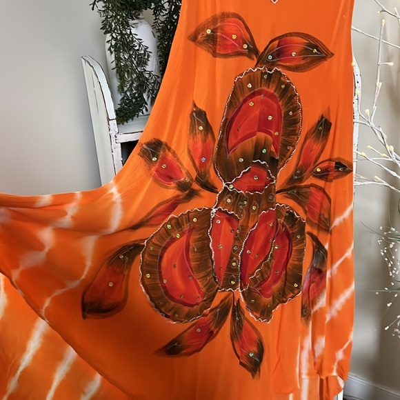 Riviera Sun L  bright orange/red/brown w/embroidery and sequins coverup. Hi/lo - Picture 4 of 7